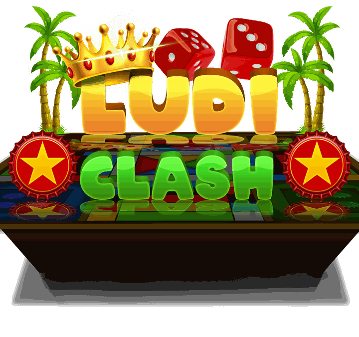 Ludi Clash logo: the words Ludi Clash with a golden crown, two red dice and palm trees on a game board